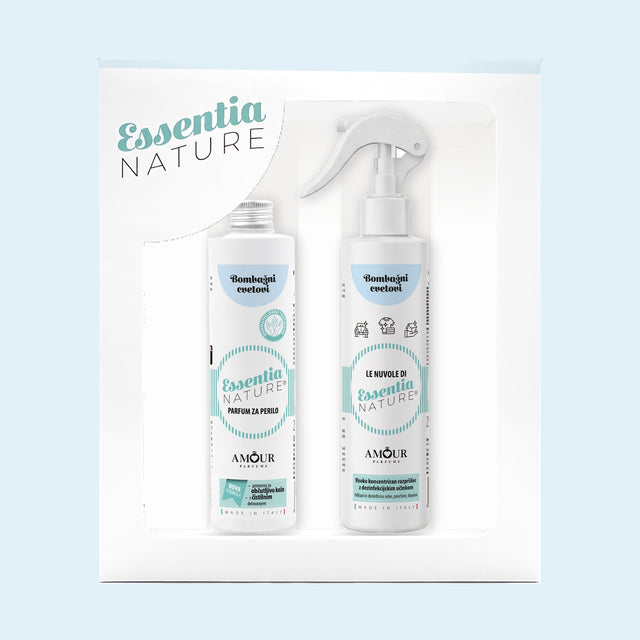 Darilni set Essentia Nature Bombažni cvetovi – parfum za perilo 250 ml in dišeče razpršilo 250 ml v darilni škatli