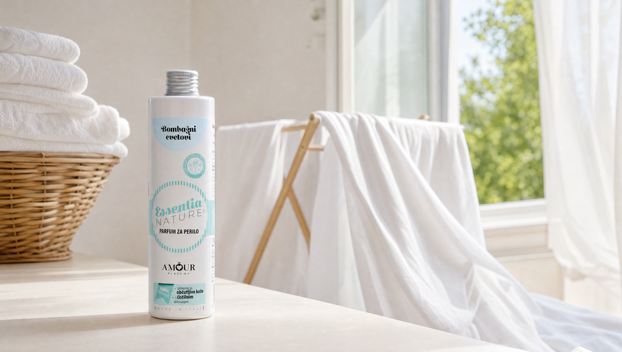 Sveže oprano perilo na sušilnem stojalu ob parfumu za perilo Essentia Nature Bombažni cvetovi