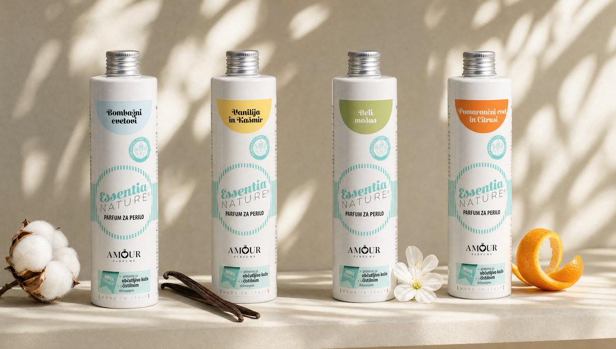 Štirje parfumi za perilo Essentia Nature — Bombažni cvetovi, Vanilija in Kašmir, Beli mošus ter Pomarančni cvet in Citrusi