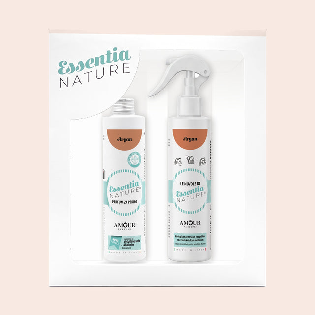 Darilni set Essentia Nature Argan – parfum za perilo 250 ml in dišeče razpršilo 250 ml v darilni škatli