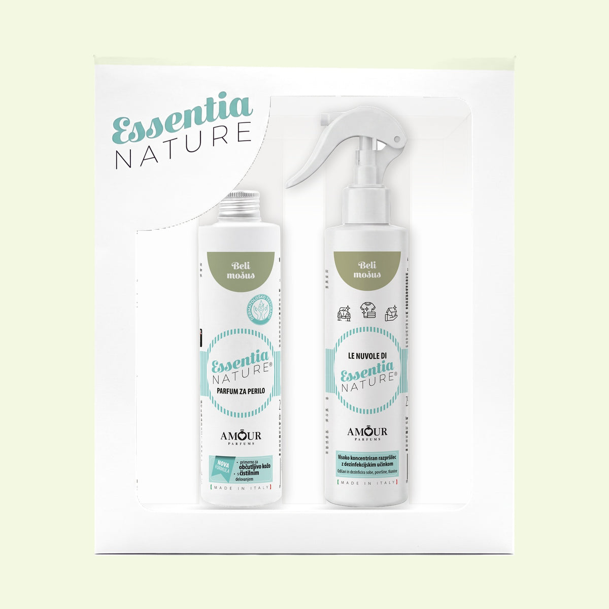 Darilni set Essentia Nature Beli mošus – parfum za perilo 250 ml in dišeče razpršilo 250 ml v darilni škatli