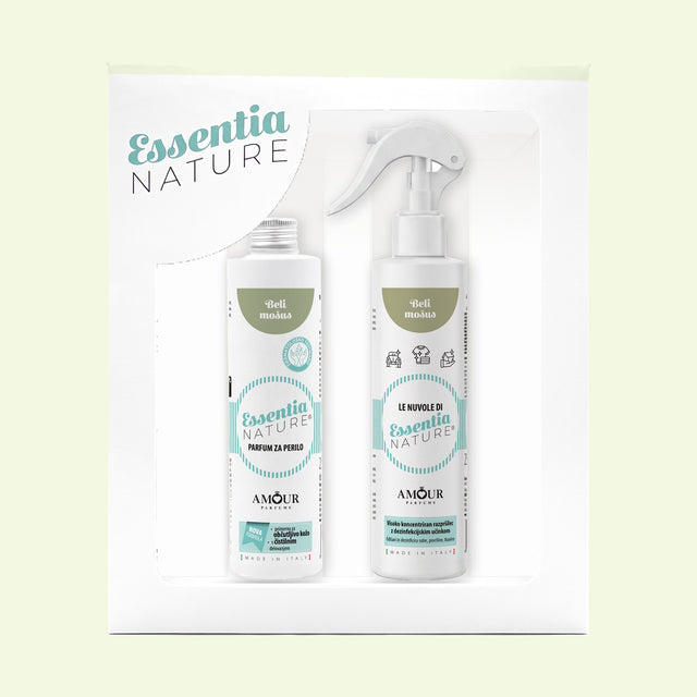 Darilni set Essentia Nature Beli mošus – parfum za perilo 250 ml in dišeče razpršilo 250 ml v darilni škatli