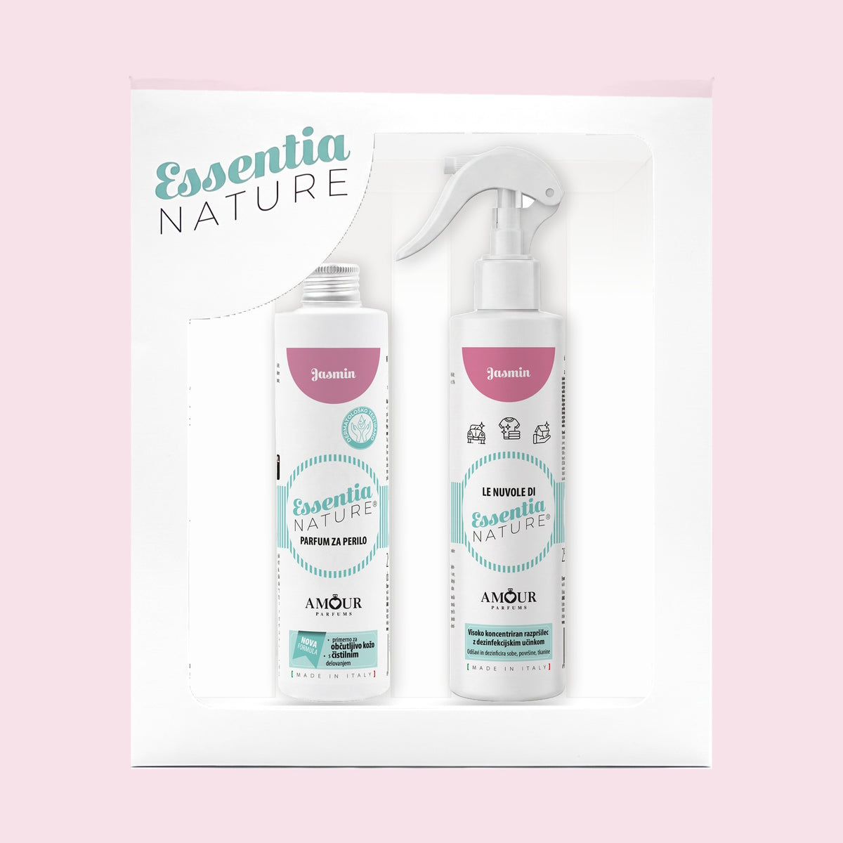 Darilni set Essentia Nature Jasmin – parfum za perilo 250 ml in dišeče razpršilo 250 ml v darilni škatli