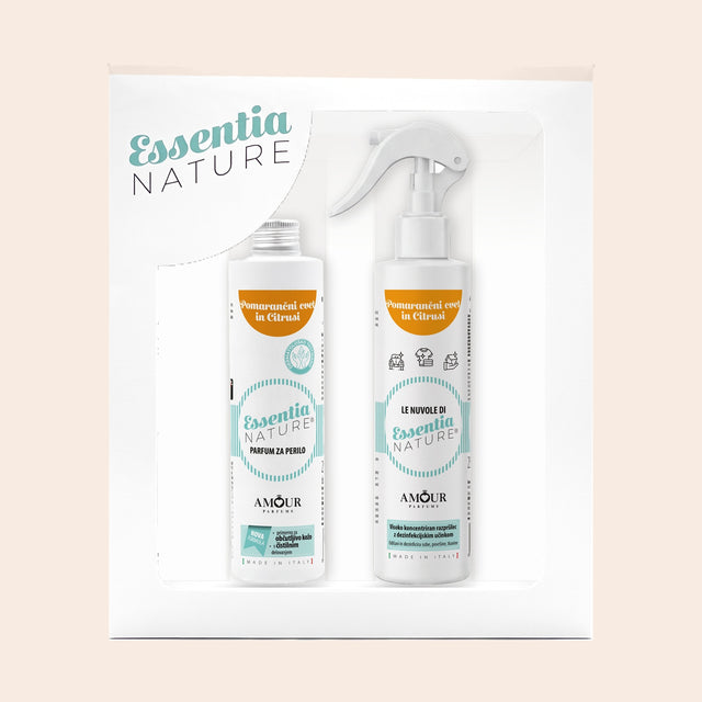 Darilni set Essentia Nature Citrusi in pomarančni cvet – parfum za perilo 250 ml in dišeče razpršilo 250 ml v darilni škatli