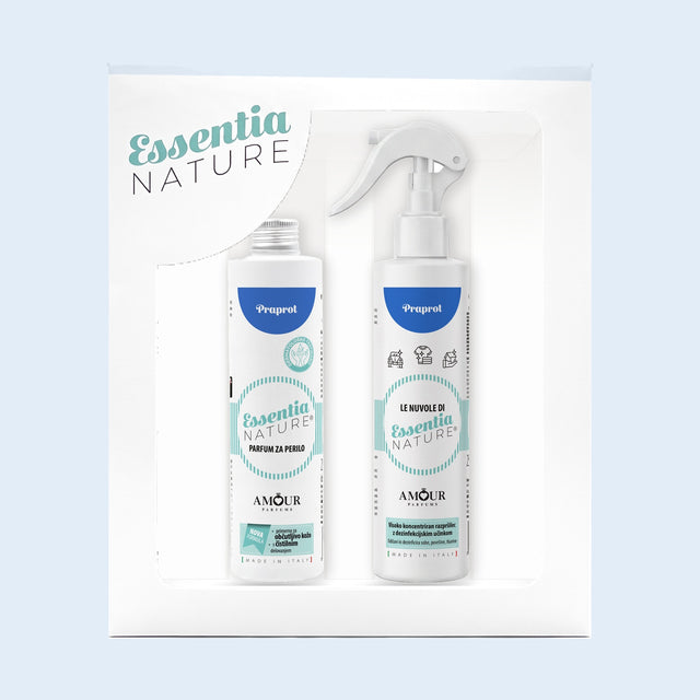 Darilni set Essentia Nature Praprot – parfum za perilo 250 ml in dišeče razpršilo 250 ml v darilni škatli