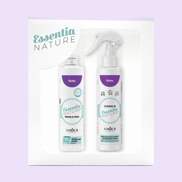Darilni set Essentia Nature Sivka – parfum za perilo 250 ml in dišeče razpršilo 250 ml v darilni škatli