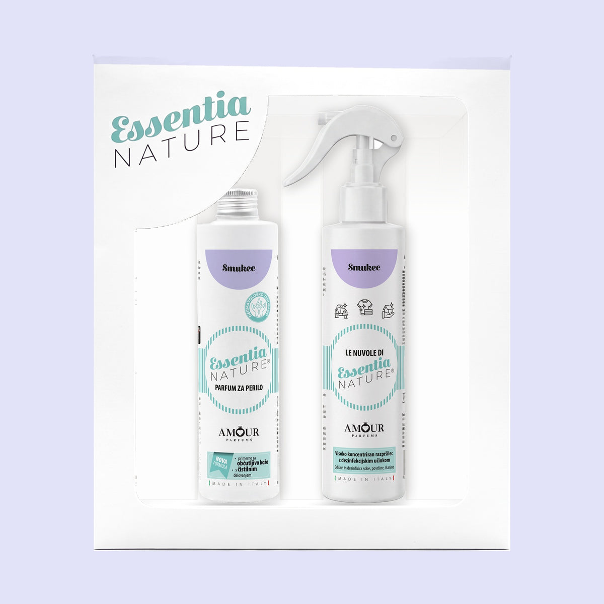 Darilni set Essentia Nature Smukec – parfum za perilo 250 ml in dišeče razpršilo 250 ml v darilni škatli