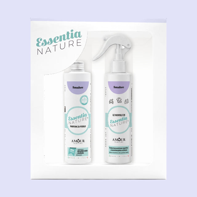 Darilni set Essentia Nature Smukec – parfum za perilo 250 ml in dišeče razpršilo 250 ml v darilni škatli