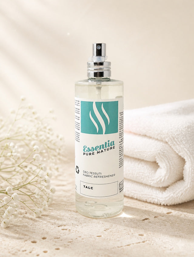 Osvežilec tkanin Talco Essentia Pure Nature na travertinu z belo brisačo