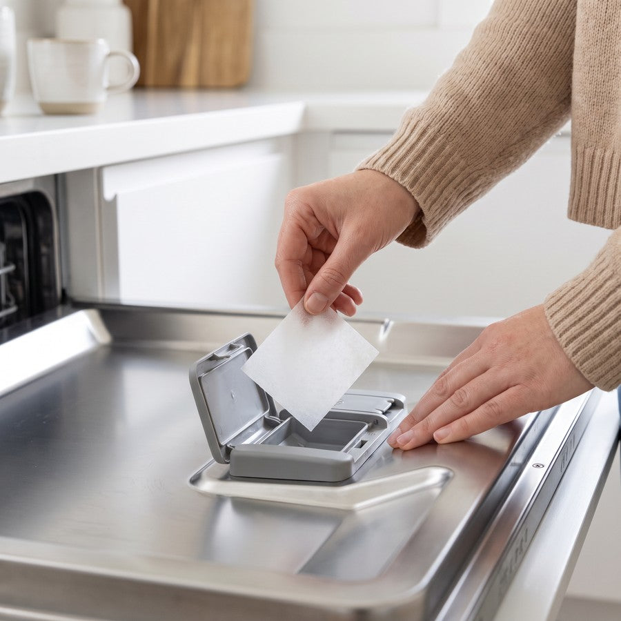 Vstavljanje polovice lističa v predalček za detergent pomivalnega stroja